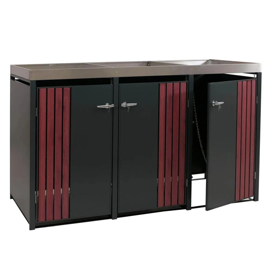 MCW 3er-Mülltonnenverkleidung O67 mit Pflanzkasten aus Metall in Anthrazit Holzoptik Dunkel, B/T/H: 125 x 196 x 84 cm - Bild 2