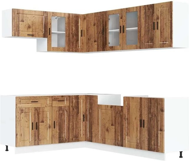 vidaXL Küchenschrank-Set Porto in brauner Altholz-Optik mit 11 Teilen, Eckschrank aus Holzwerkstoff mit Glaselementen und Regalfächern, B/T/H: 81,5 x 80,0 x 46,0 cm - Bild 1