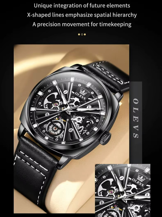 OLEVS Armbanduhr, Automatik, Tonneau, Leder, Schwarz, Herren - Bild 7