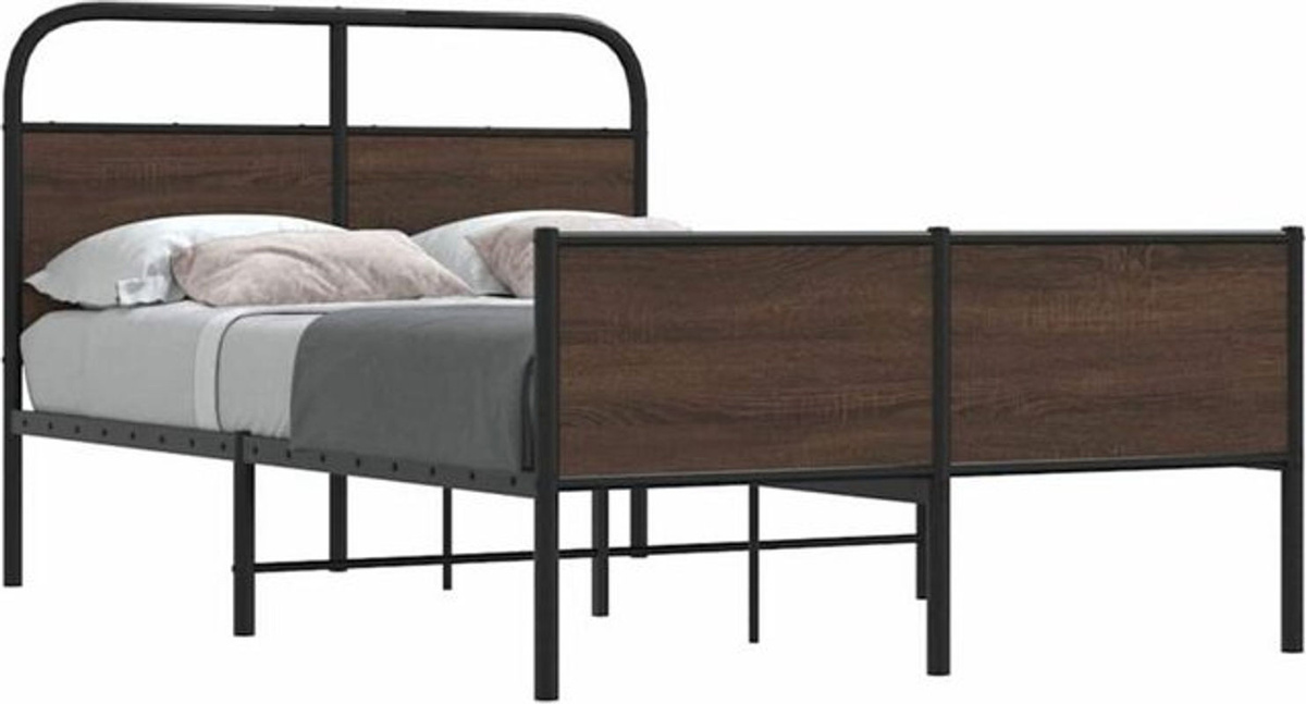 vidaxl Metallbett im Industrial-Stil aus Holzwerkstoff und Metall, Braun, B/T/H: 120 x 190 cm - Bild 1