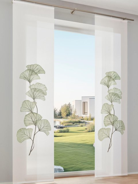 Schiebevorhang Heine Home mit Gingko-Blütenmuster in Grün und Weiß, semi-transparent, 145 x 145 cm - Bild 1