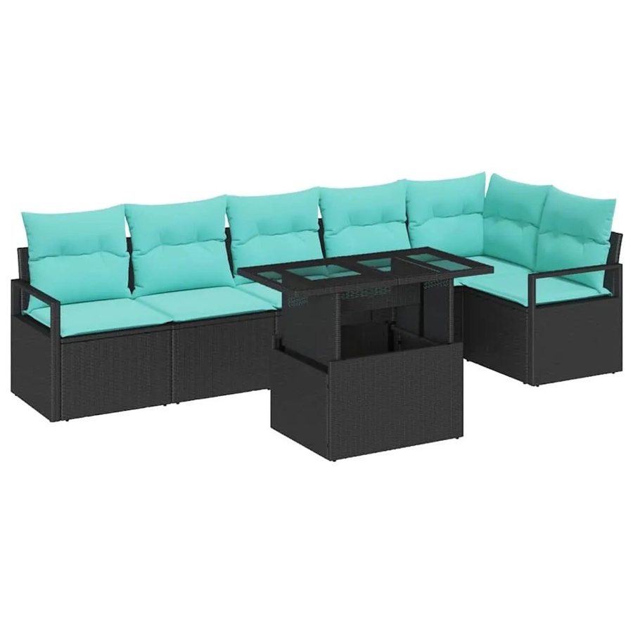 7-tlg. vidaXL Gartensofa-Set aus Poly-Rattan mit integriertem Speicher und Polstern in Schwarz und Blau - Bild 2