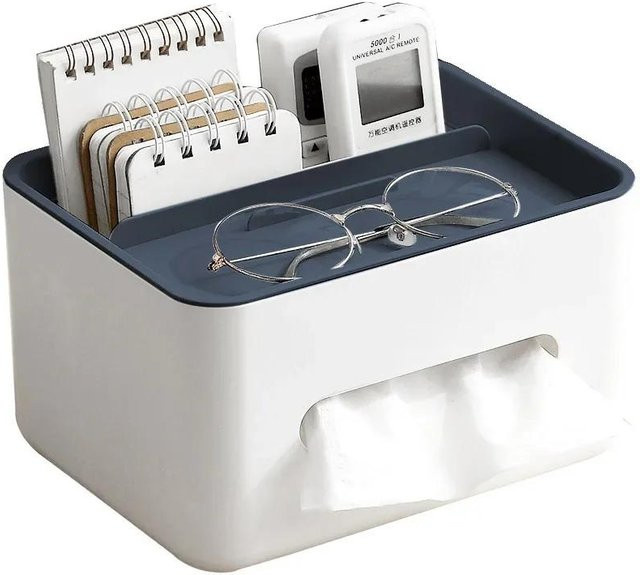 Multifunktionaler Organizer aus Kunststoff für Taschentücher, Servietten und Fernbedienungen in Grau und Weiß, B/T/H: 21,0 x 12,0 x 12,0 cm - Bild 1