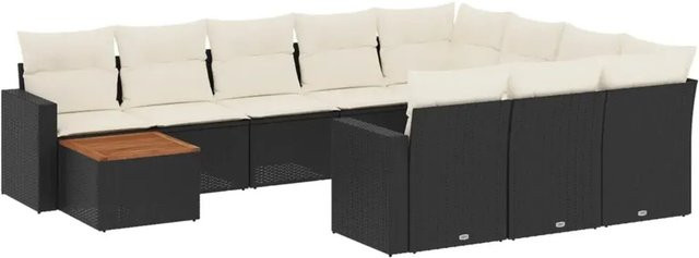 vidaXL 11-tlg Garten-Sofagarnitur in L-Form aus Polyrattan und Akazienholz mit Kissen in Schwarz-Creme - Bild 1