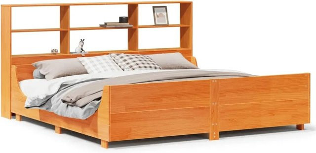 vidaXL Massivholzbett aus Kiefernholz mit Regal in Wachsbraun, B/T: 200 x 200 cm - Bild 1