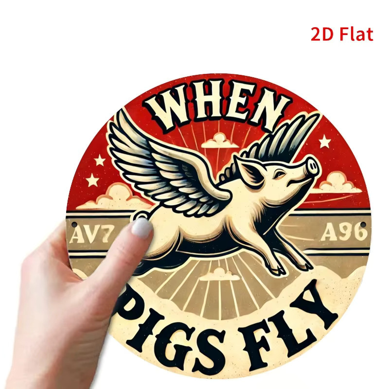 Vintage Flying Pig Metallwandkunst Potdemiel rundes Eisenschild mit When Pigs Fly Design Durchmesser: 20,32 cm - Bild 4