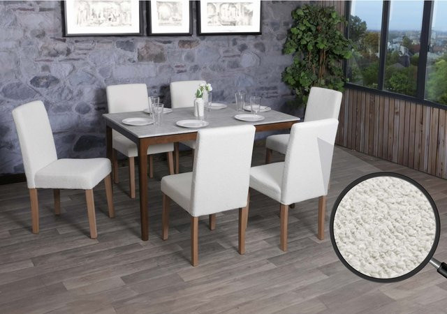 6er-Set Esszimmerstühle Littau von MCW aus Bouclé-Stoff in Beige mit Holzbeinen - Bild 1