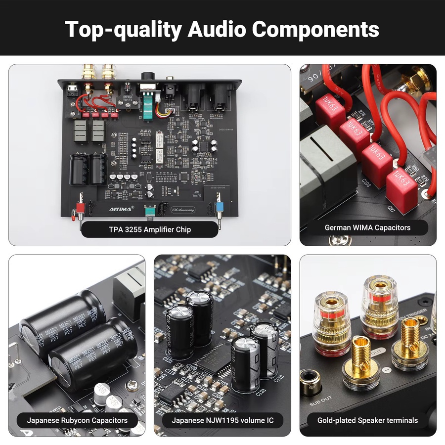 AIYIMA A20 HPF Stereo-Leistungsverstärker mit PFFB und Hochpassfilter, TPA3255 HiFi 2.0 Audio-Verstärker in Schwarz, 300Wx2 mit XLR/RCA Symmetrischem Eingang - Bild 4