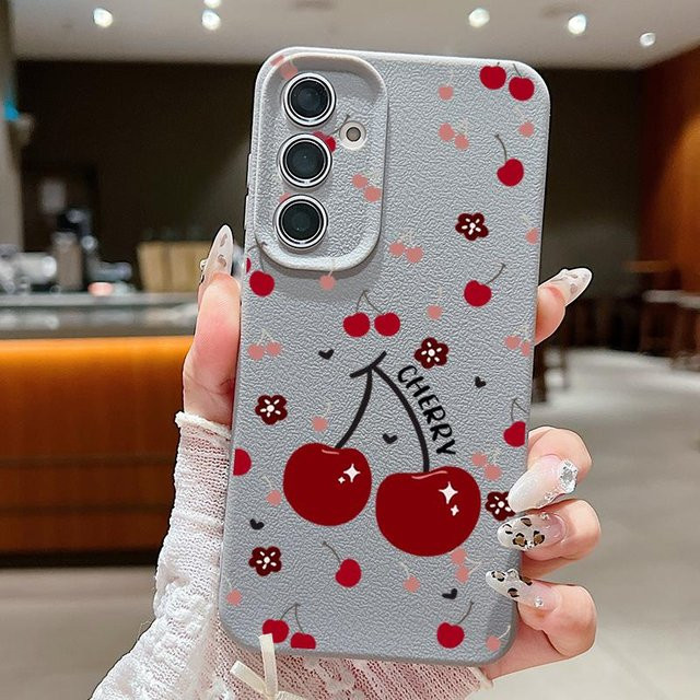 MOESOE Handyhülle mit Kirschfrüchte-Design für Samsung Galaxy A56 A55 A54 A35 A34 A25 A16 A15 A14 und S24 S23 S22 S21 FE in Grau - Bild 1