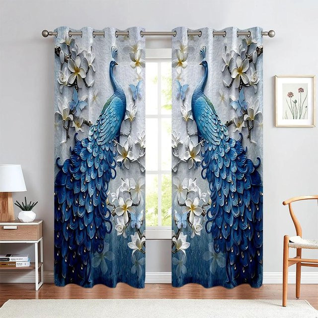 2er-Set Dekorative Vorhänge mit Vintage Pfau- und Blumenmuster in Blau und Gold, Breite: 50 cm, Höhe: 130 cm - Bild 1