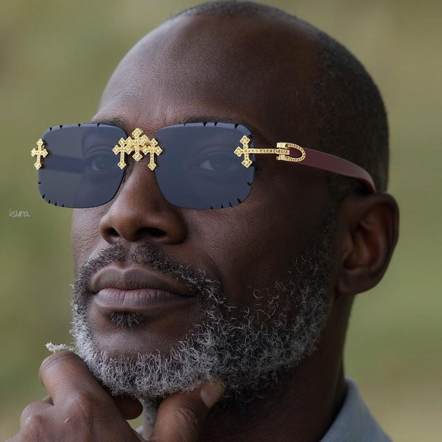 Sonnenbrille für Herren, randlos, Diamantschliff, Holzmaserung, schwarz - Bild 1