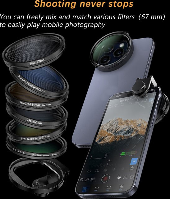 OBKEY 67-mm-Filterset für Smartphone-Objektive mit STAR CPL, Blackmist und VND Filtern in Schwarz für iPhone, Android, Huawei, Xiaomi, Canon, Sony und Nikon - Bild 1