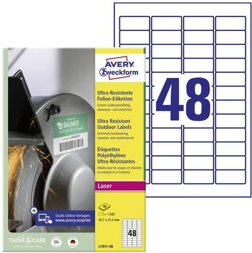Avery Zweckform L7911-40 Folien-Etiketten aus Polyethylen, Weiß, B: 45,7 mm, H: 21,1 mm, Permanent haftend für Laser-Drucker - Bild 1
