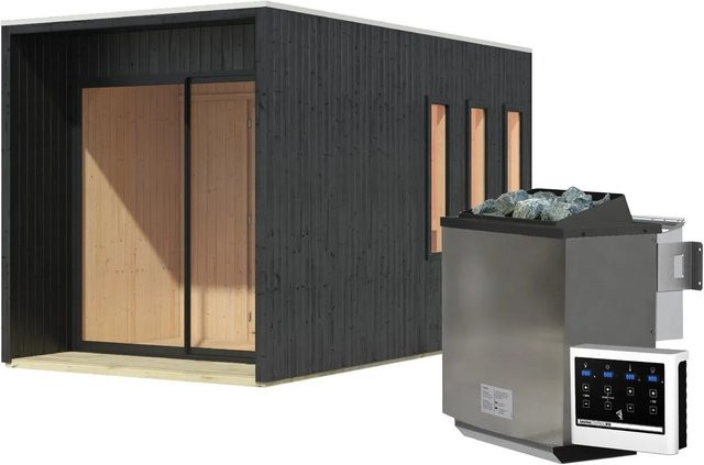 Karibu Saunahaus Cancun Set aus Nordischer Fichte in Schwarz mit 9,4 kW Bio-Ofen, externer Steuerung und Ofenschutzgitter - Bild 1