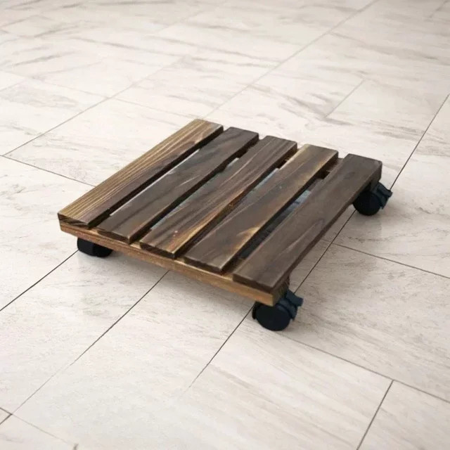 Beweglicher Blumenständer aus Massivholz in Braun mit Rollen für Blumentöpfe und Bonsai, B/T/H: 25,0 x 25,0 x 8,0 cm - Bild 1