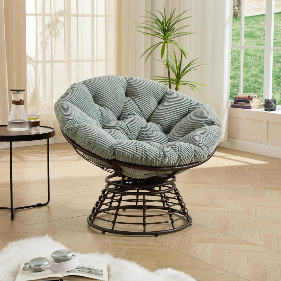 Papasan-Sessel mit 360 Grad Drehbarkeit und dickem Cord-Kissen in Hellgrün, B/T/H: 92 x 92 x 67 cm - Bild 2