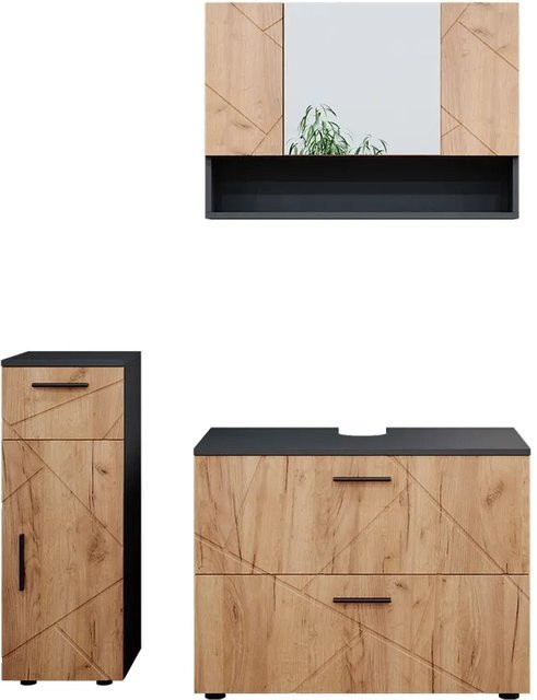 Vicco Badmöbelset Irma in Anthrazit und Eiche, 3-teiliges Badezimmer-Set mit Spiegelschrank, Midischrank und Waschtischunterschrank - Bild 2