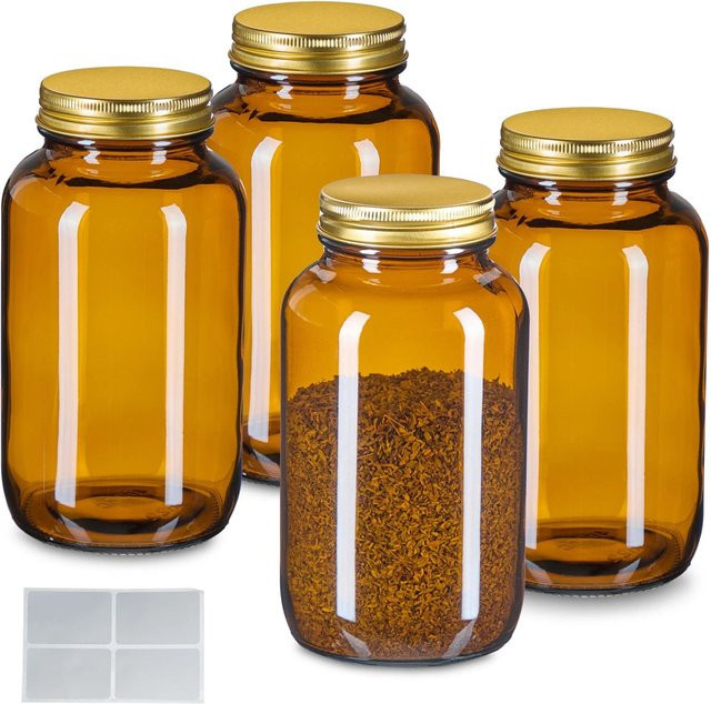 Relaxdays 4er Set Braungläser aus Glas mit Aluminiumdeckel, Braun, 400 ml, Höhe: 14 cm, Durchmesser: 7,5 cm - Bild 1