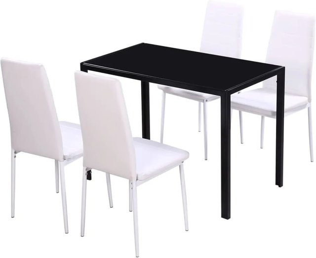 vidaXL 5-teiliges Esstisch-Set in Schwarz und Weiß mit Esstisch aus gehärtetem Glas und 4 Stühlen im modernen Design - Bild 1