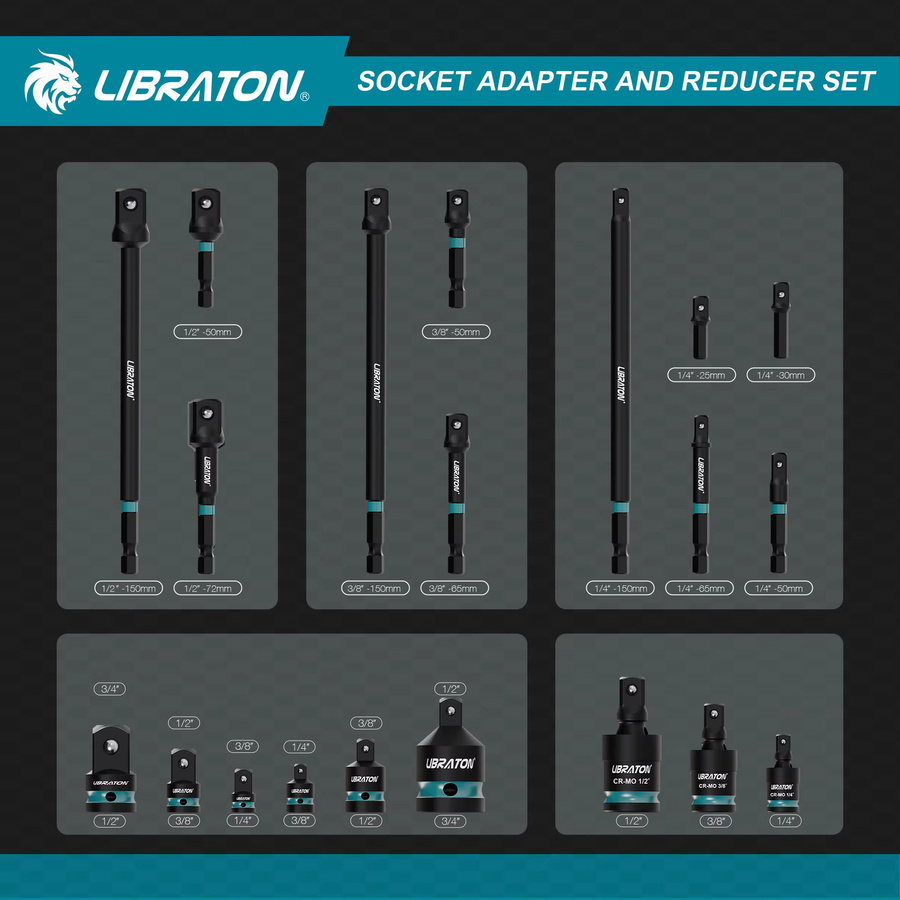 LIBRATON Schlagschrauber-Adapter und Reduzierstücke Set in Schwarz, 20 Stück mit 1/4 Zoll, 3/8 Zoll und 1/2 Zoll Universalgelenken und Steckschlüsseladapter-Verlängerungen - Bild 2
