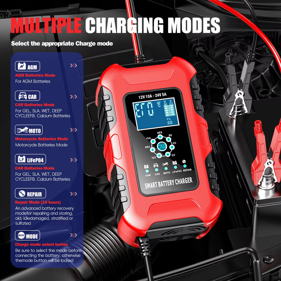 Podofo Intelligentes Auto- und Motorrad-Batterieladegerät in Rot mit 7-Stufen-Ladung, Pulsreparatur und Wartungsfunktion für 6-180Ah AGM Batterien - Bild 2