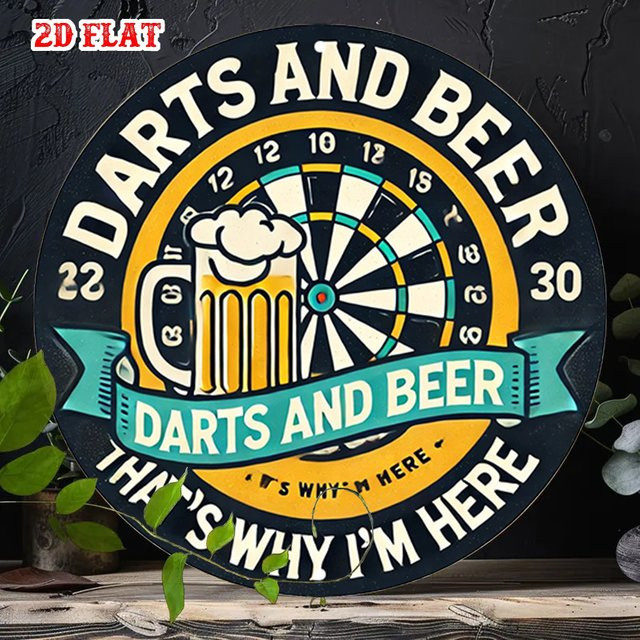 Rundes Aluminiumschild Potdemiel mit Retro-Dart- und Biermotiv, rustikale Metallwandkunst in Multicolour, Durchmesser: 20 cm - Bild 1