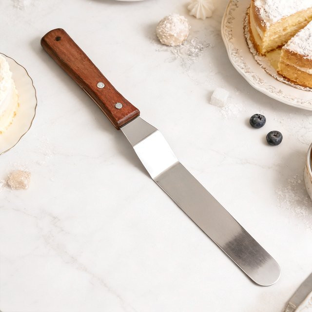 Leeseph Gebogener Kuchenspachtel aus Edelstahl mit Holzgriff in Silber und Braun - Bild 1