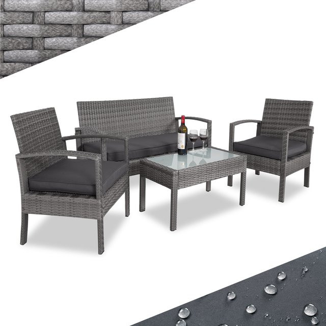 CASARIA Polyrattan Garten-Sitzgruppe 4-teilig in Grau/Anthrazit mit Tisch, Bank und Stühlen - Bild 1