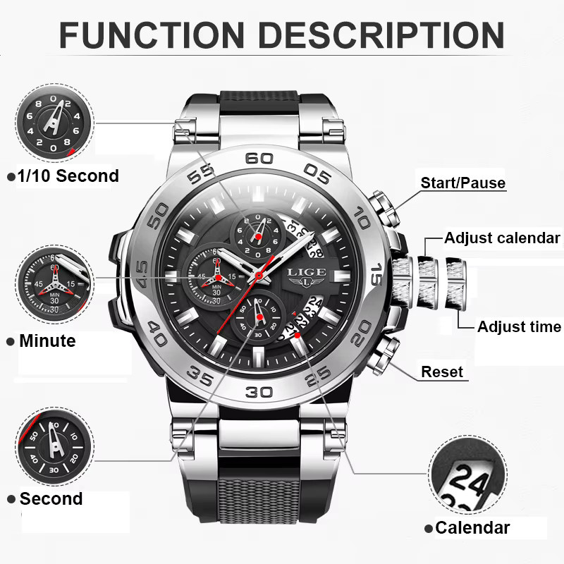 LIGE Armbanduhr Chronograph, Quarz, Silikon, Schwarz, Herren - Bild 3