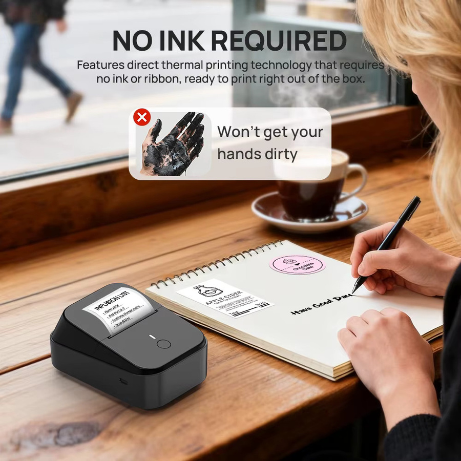 Tragbarer kabelloser Thermodrucker POLONO PM260B in Schwarz mit Bluetooth und USB-C Verbindung, 203 DPI hochauflösend, kompatibel mit 30-50 mm Breite und 48 mm Druckbreite - Bild 4
