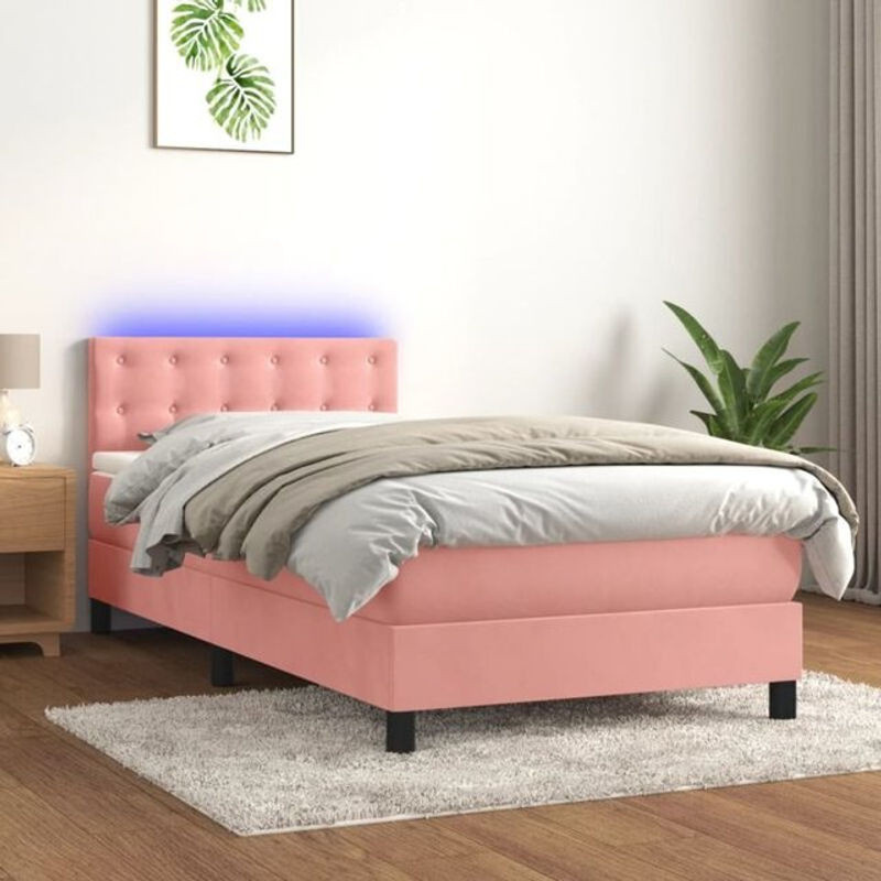 vidaxl Boxspringbett mit Matratze in Rosa und Weiß aus Samt und Massivholz, B/T/H: 90 x 200 x 88 cm - Bild 1