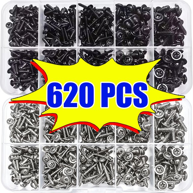 Zimir Selbstschneidende Schrauben Set aus Kohlenstoffstahl mit Scheibenkopf und Kreuzklingen-Design in Schwarz und Silber, 620 Stück, M2/M3 Größen für Holzmöbel - Bild 1