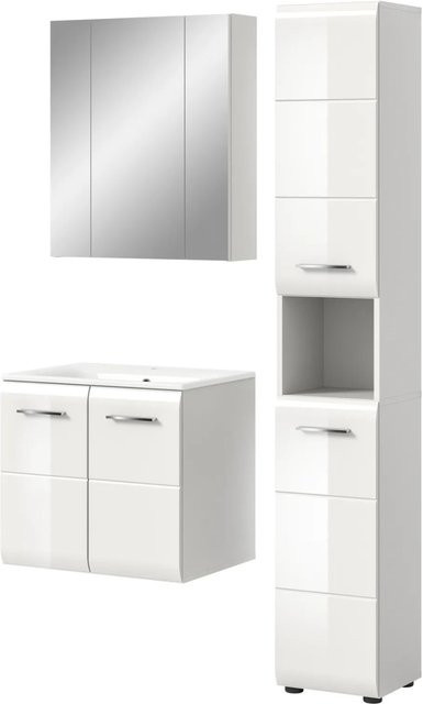 Inn.Furn Badmöbel Set Cover 3-teilig in Weiß Hochglanz mit Hochschrank, Spiegelschrank und Waschtisch, Breite: 105 cm, Höhe: 185 cm, Tiefe: 46 cm - Bild 1
