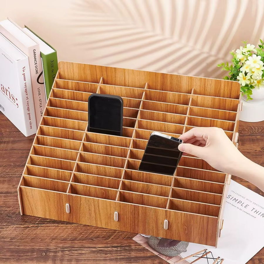 Holz Handy Aufbewahrungsbox mit 48 Gittern als Schreibtisch-Organizer in Braun für Büro und Schule - Bild 3