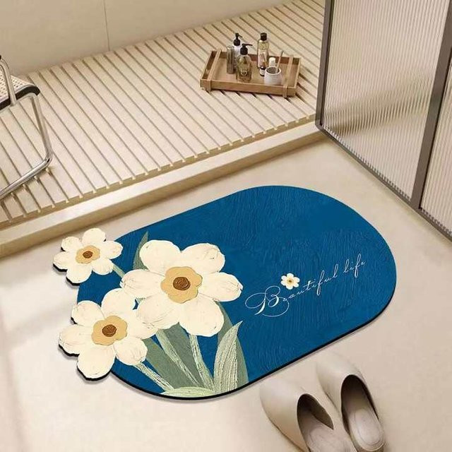 Yiran Furniture Badezimmer Fußmatte mit Blumenmuster aus Diatomeenerde, rutschfest und saugfähig, Blau, B/T: 60 x 40 cm - Bild 1