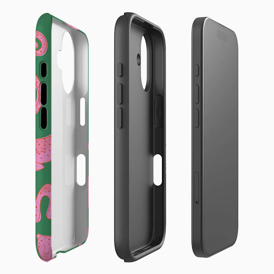 Potdemiel Handyhülle mit Rosa Leoparden-Muster und grünen Akzenten für iPhone 18/17/16/15/14/13/12 Pro Max Plus, Doppelschichtige Rückabdeckung - Bild 2