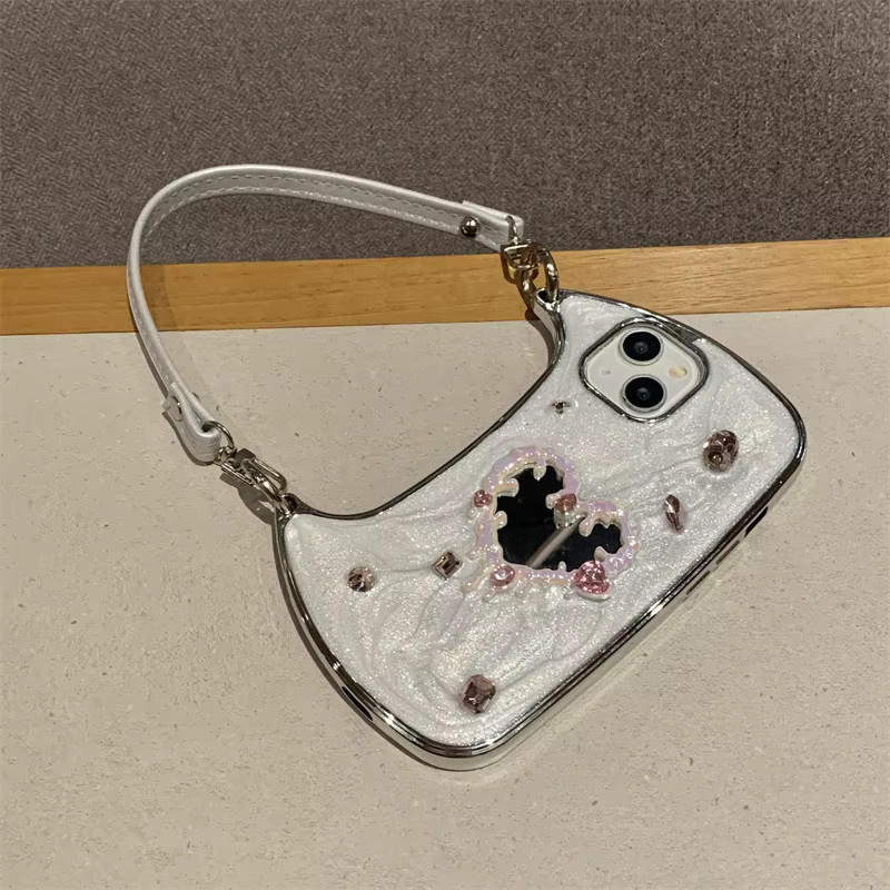 Koreanische 3D-Glitzer-Edelstein-Handyhülle mit Herz-Spiegel und Lederband für Apple iPhone 17, 16, 15, 14, 13, 12 in Weiß - Bild 2