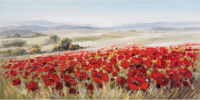 Art Universe Leinwandbild Landschaft mit Mohnblumen in Grün und Rot, B: 70 cm, H: 140 cm - Bild 1