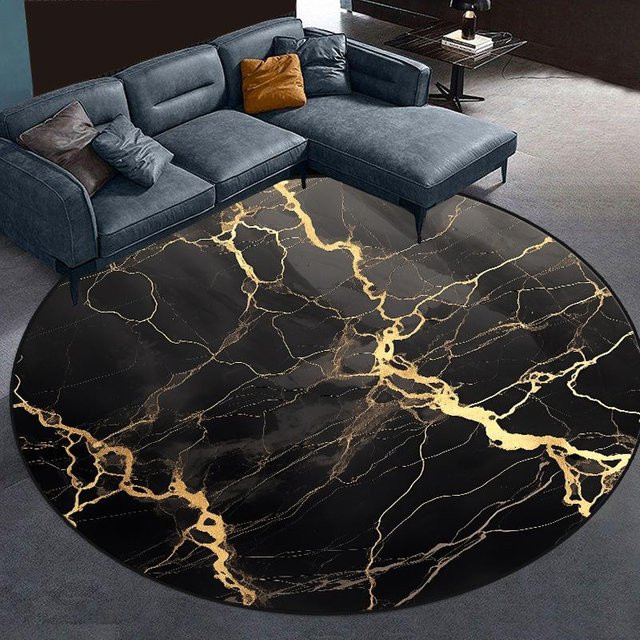 Runder Teppich JGJG in Schwarz mit abstraktem Marmor-Design, flauschig und waschbar, Durchmesser: 100 cm - Bild 1