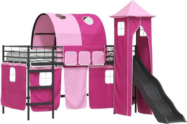 vidaXL Kinderloftbett in Hausform aus Metall, Schwarz und Pink, B/T/H: 205 x 90 x 105 cm - Bild 1