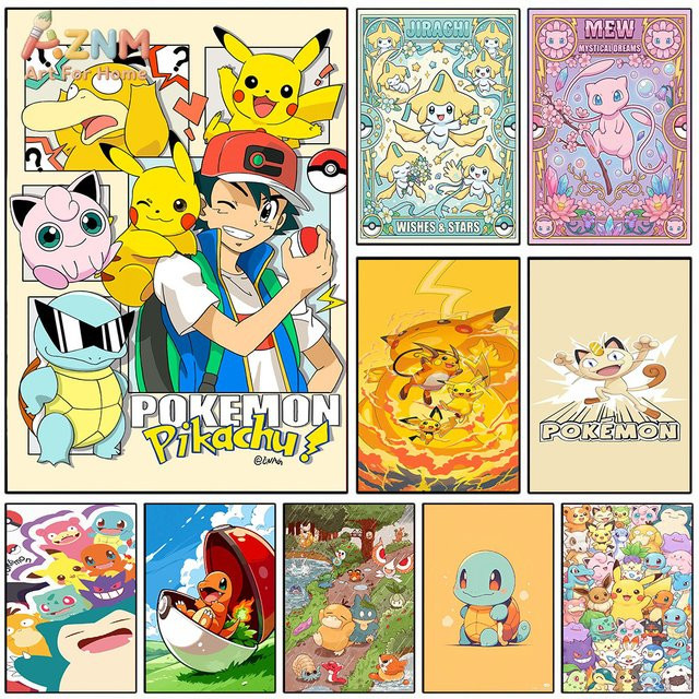 AZNM Pokemon Anime Leinwandgemälde mit Pikachu, Jirachi, Mew und Charmander, mehrfarbig, rechteckig, ohne Rahmen - Bild 1