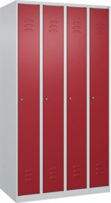 C+P Spind Classic PLUS Garderobenschrank mit 4 Abteilen, Farbe Lichtgrau/Rubinrot, H x B x T: 185 x 100 x 50 cm, mit Zylinderschloss und 3 Garderobenhaken - Bild 1