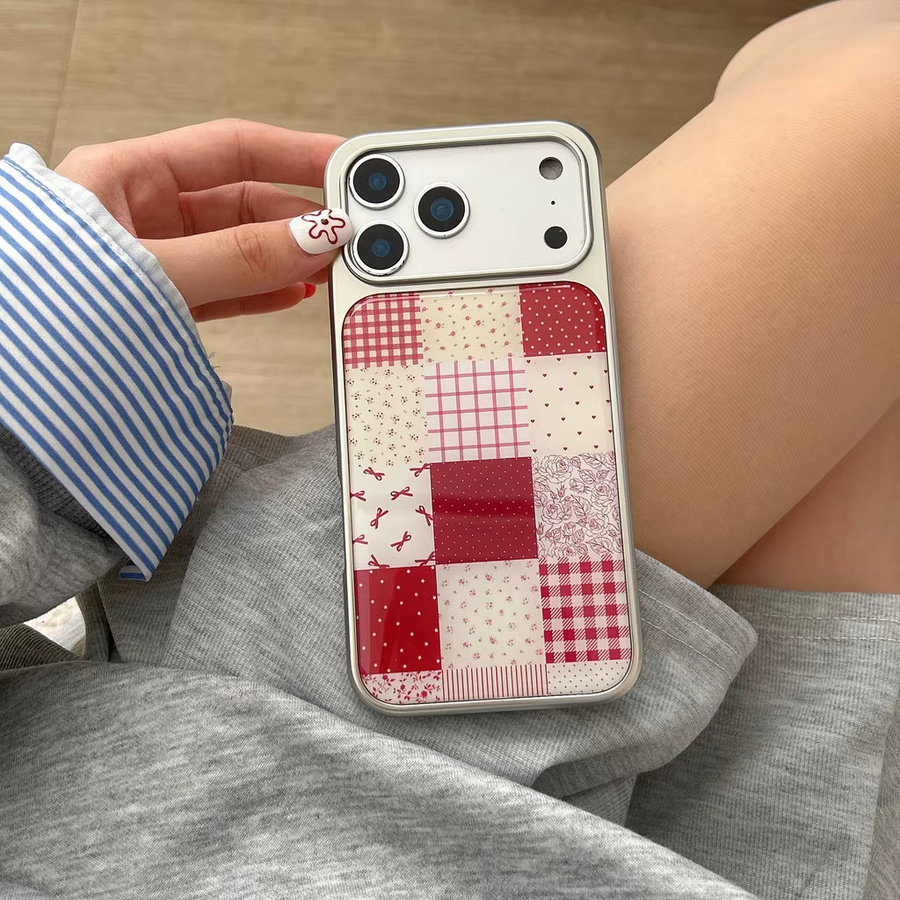 Handyhülle im Retro-Design mit Spleißmuster, Gitter, Blumen und Schleifen für iPhone 17 16 15 14 Pro Max, rot/mehrfarbig - Bild 3