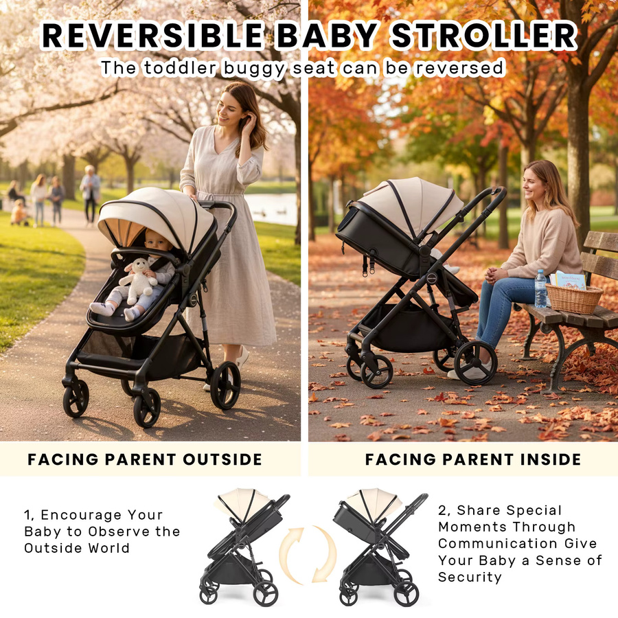 2-in-1 Baby-Kinderwagen in Beige als faltbares Reisesystem mit umkehrbarem Sitz und verstellbarem Sonnendach für Neugeborene und Kleinkinder von 0-36 Monaten - Bild 3