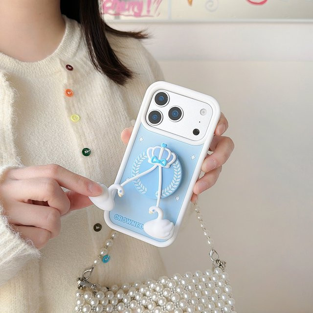 Silikon Handyhülle mit 3D-Krone und Schwan-Anhänger für Apple iPhone 12 bis 17 Pro Max inklusive Ständer in Blau - Bild 1