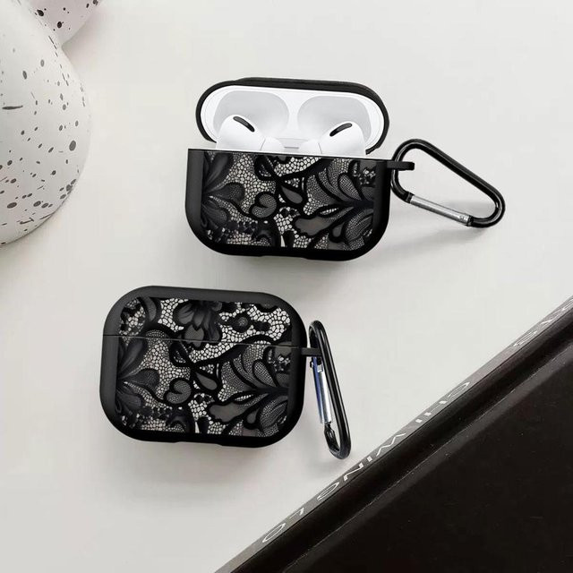 Apple AirPods Schutzhülle mit Cartoon-Spitzenblumenmuster in Schwarz für AirPods Pro, Pro 2, Pro 3, AirPods 1, 2 und 3 - Bild 1