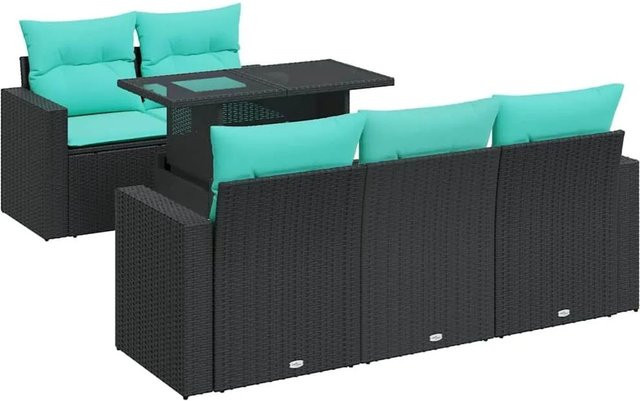 vidaXL 6-teilige Garten-Sofagarnitur in L-Form aus schwarzem Poly-Rattan mit Tisch und Polsterkissen - Bild 1