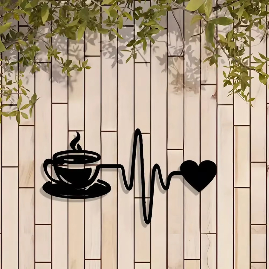 CIFBUY Vintage Wandkunst aus Metall mit Kaffeetasse und Herzschlag-Design in Schwarz - Bild 3