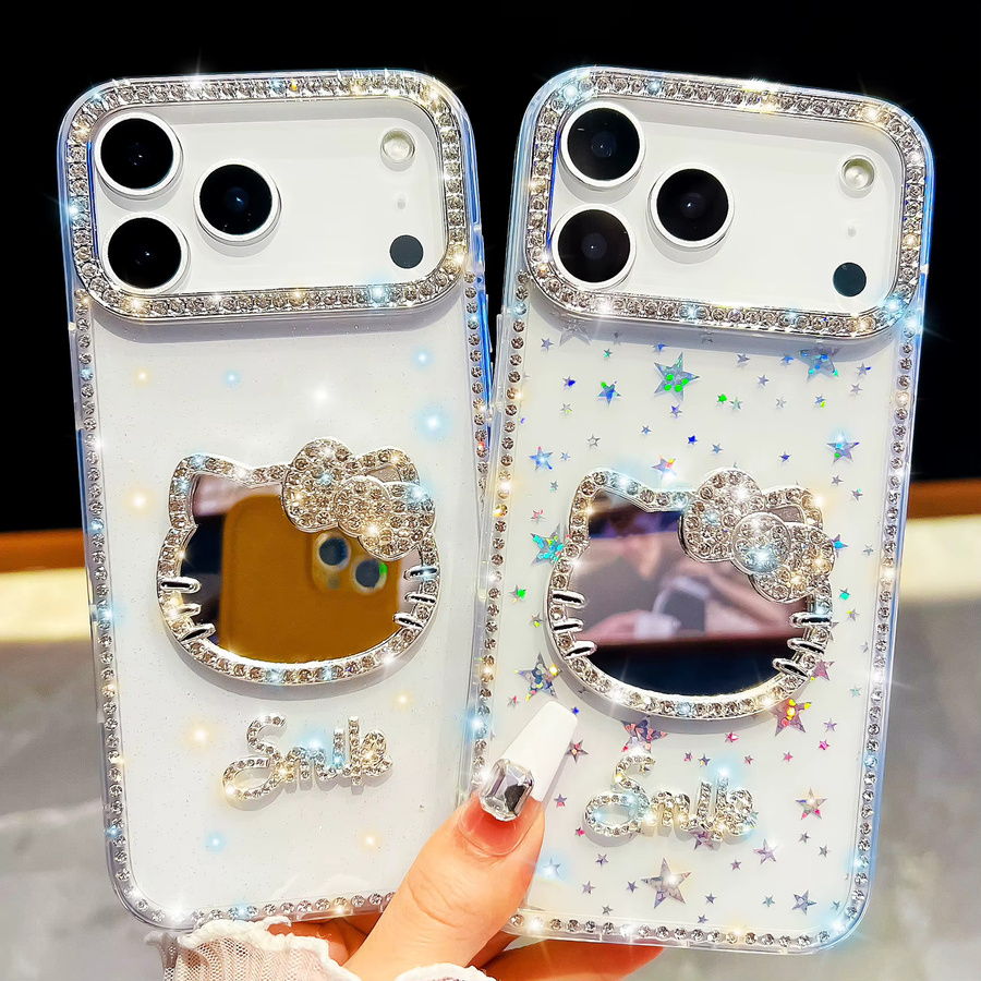 Luxus Handyhülle mit Katze, Diamant-Glitzer und Schleife für Apple iPhone 17 16 15 14 13 Pro Max Plus in Pink, stoßfeste Hardcover Spiegelhülle - Bild 2