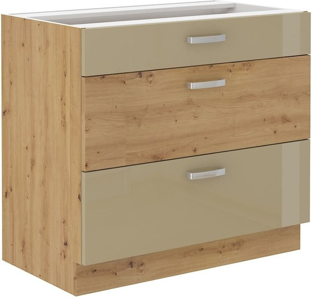 Küchen Unterschrank 80 Eiche Artisan Cappuccino Hochglanz mit Vollauszug und Soft-Close in Braun und Beige - Bild 1
